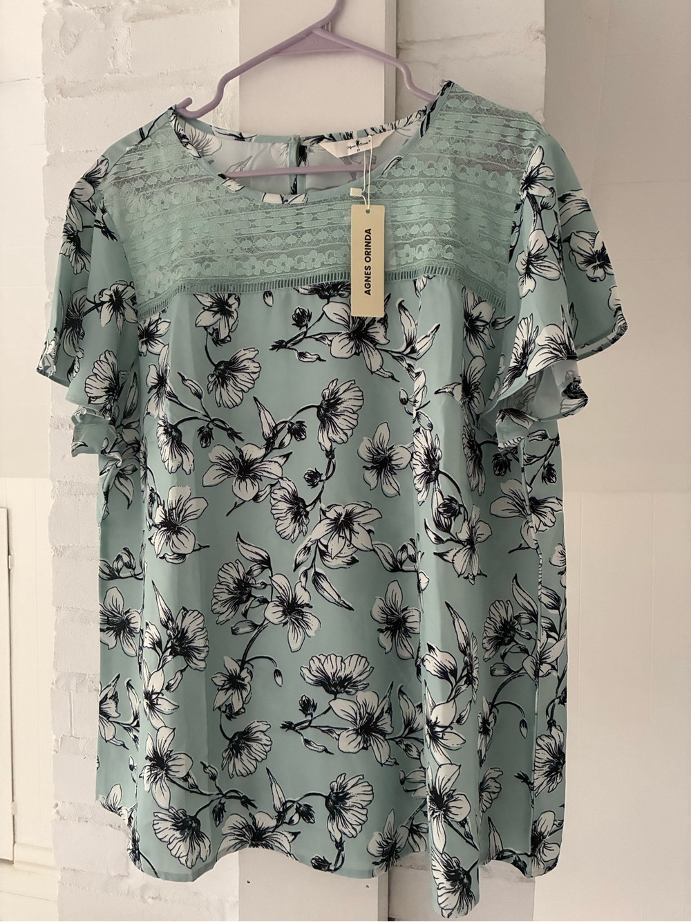 NWT light blue Floral Lace-Yoke Flutter Sleeve Top